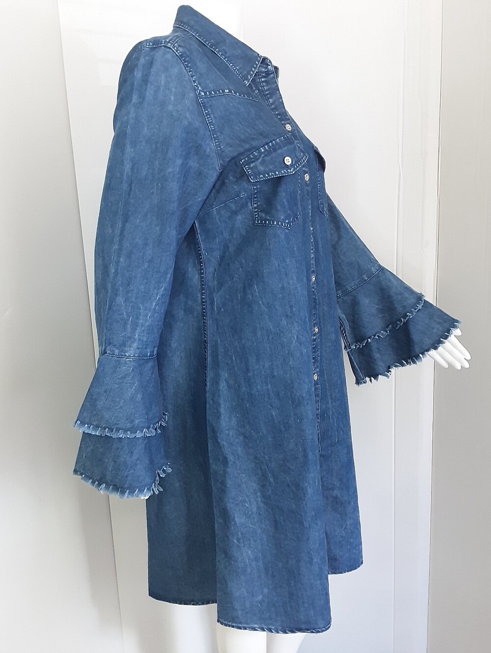 GIVEN KALE Tiered Ruffle Sleeve Chambray Denim Shirt Dress Sz L